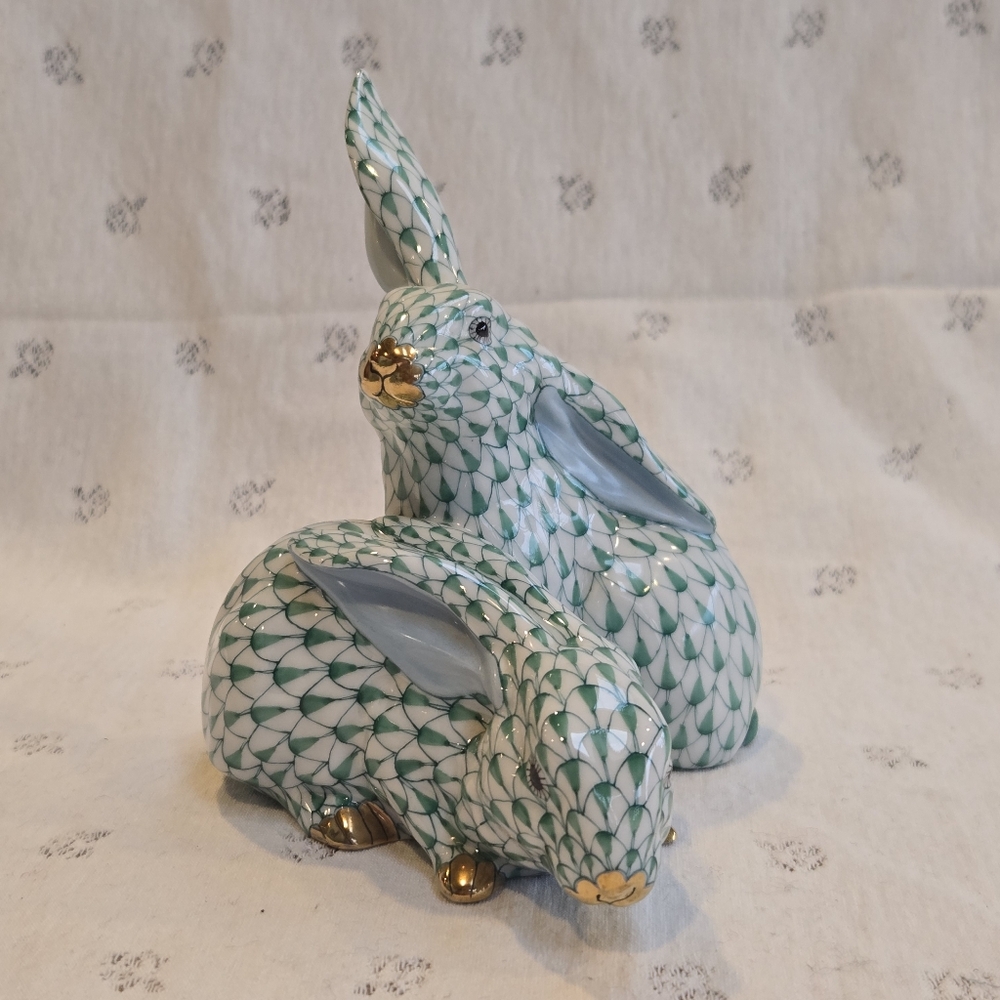 Herend Pair of Rabbits Ear Up Green